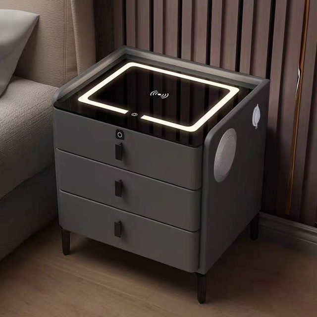 Multifunctional Smart Bedside Table Wood Tempered Glass Luxurious Sophisticated Feel Bedroom Storage Wireless Charging Bluetooth