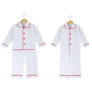 2020 long sleeve 100 cotton knit christmas white with red piping toddler boys girls fall pyjamas set buttons up blank pajamas