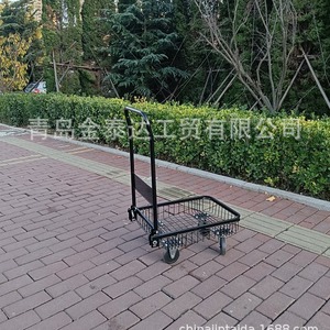 Flatbed Handcart Steel Mesh <b>Four</b>-<b>Wheel</b> Single Layer Shopping <b>Trolley</b> Black Portable Folding Logistics Cart - Product Image 3