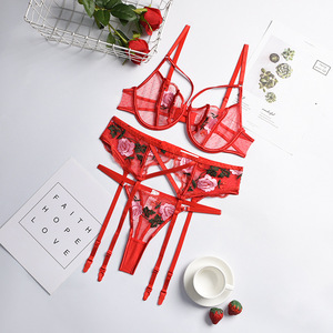 Ensemble de lingerie sexy en maille transparente brodée de fleurs, soutien-gorge et string ajourés - Product Image 5