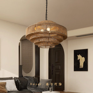 Lustre suspendu rond en rotin E27 LED à tête unique pour salon, restaurant, maison d'hôtes, salle de thé Zen - Product Image 4