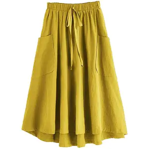 Summer New Fashion Cotton And Linen Half-length Skirt Solid Color Long Skirt With pocket Large Swing Women's Skirts