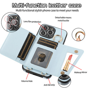 Étui de téléphone portable en cuir PU antichoc <span class=keywords><strong>avec</strong></span> <span class=keywords><strong>cordon</strong></span> de cou, portefeuille, étui de téléphone portable <span class=keywords><strong>avec</strong></span> miroir de maquillage pour iPhone <span class=keywords><strong>Samsung</strong></span> - Product Image 2