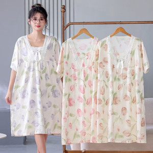 Sleepwear Sets Summer <strong>Pyjamas</strong> Girl Cloud Cotton <strong>Super</strong> <strong>Soft</strong> Square Collar Ruffled Short Sleeves Nightdress Pajamas - Product Image 2
