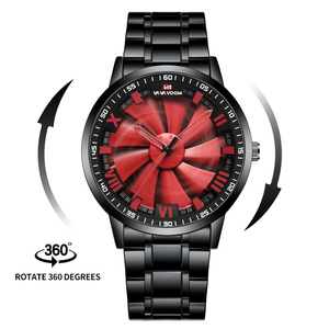 Mens 360° Rotating Turbine Design Watch Black Red Accent Stainless Steel Band Quartz Wristwatch for Car Lovers - Product Image 2