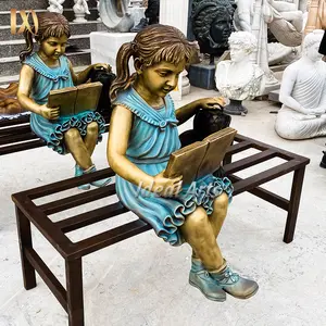 Life size bronze brass sitting girl reading book and dog statue