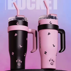 Wholesale Black Pink Stainless Steel Thermos <b>Cup</b> Insulated 24hr Thermal Insulation Large Coffee Straw Mug 1250ml Tumbler Handle - Product Image 1