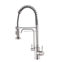 Robinet de cuisine commercial en nickel brossé avec douchette extractible, double bec, filtre à eau pure 3-en-1, logo laser OEM