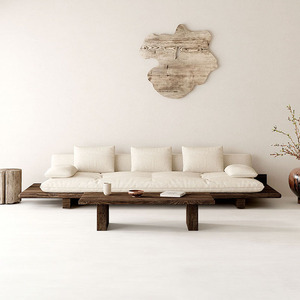 Sofá de Tres Plazas de Madera Maciza Estilo Wabi Sabi, Combinación en Forma de L para Sala de Estar, Madera de Pino, Fresno y Olmo, Relleno de Espuma - Product Image 3