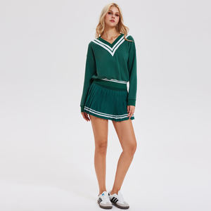 Damen <span class=keywords><strong>2</strong></span>-teiliges Set V-Ausschnitt Sweatshirts Hoch taillierte Plissee-Tennisrock-Sets Lässige Trainings anzüge Sportliches Outfit - Product Image 4