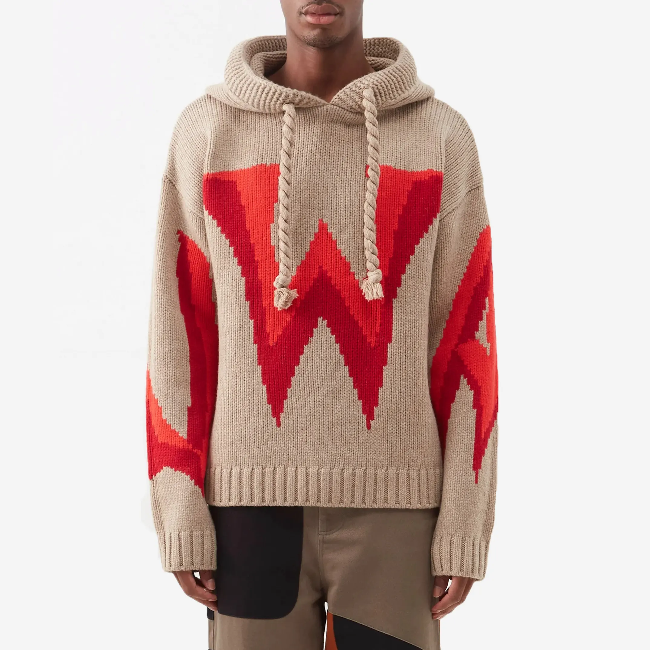 Senior Custom Intarsia Knit Graphic Knitted Pullover Hoodie Cotton Knitwear Men Jacquard Hooded Sweater