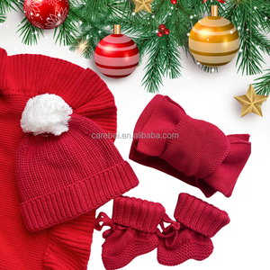 Trẻ Sơ Sinh Màu Đỏ Đầu Tiên Giáng Sinh Lớn Đan Pom Pom Beanie Hat Bow Và Vớ 3Pcs Thiết Lập Cotton Đan Phụ Kiện Bé Headband Booties Cap - Product Image 2
