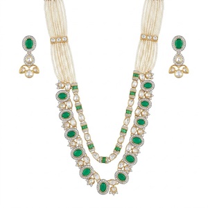 Ensemble de collier en argent 925 Kundan avec perles traditionnelles et émeraudes pour femmes, bijoux de mariée, collier de mariage en pierre verte - Product Image 5