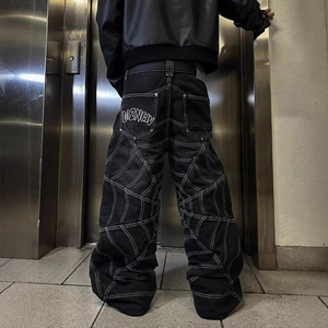 DiZNEW Jeans Larghi da Uomo Taglie Forti con Stampa Personalizzata Motivo a Ragnatela Jeans Hip Hop Pesanti Neri - Product Image 4