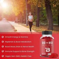 Gummies de Vitamine D3 et B12 1000 UI D3 1000mcg B12 avec Folate 400mcg DFE, Saveur Framboise Naturelle, Complément Alimentaire 60 Unités