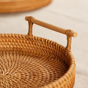 Hand-<b>Woven</b> Natural Vietnam Seagrass Picnic <b>Basket</b> with Rattan Handles Food Serving Tray Wicker Organizer <b>Storage</b> <b>Baskets</b> - Product Image 1