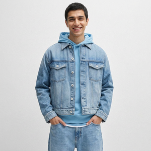 Chaqueta vaquera azul personalizada para hombre, ropa de abrigo vaquera ajustada informal con aspecto lavado desteñido para la moda callejera y el estilo urbano - Product Image 1