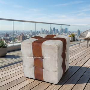 Pouf ottoman moderne en cuir souple fait main, toile et tissus d'ameublement, avec un design antique, meubles de luxe pour la maison en provenance du Rajasthan - Product Image 4
