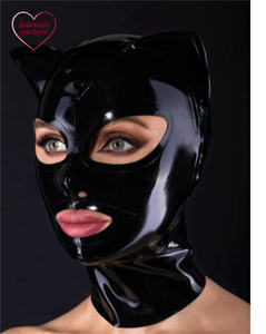 Cagoule en latex noir avec oreilles de chat, fermeture éclair dorsale, yeux et nez ouverts, masque en caoutchouc, accessoires de cosplay, tenue de club, accessoires de fête, pour homme - Product Image 1