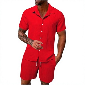 Ensemble 2 pièces d'été pour homme, chemise et short, couleur unie, tenue de plage, boutonnée, 100% coton et lin français, personnalisable avec logo OEM - Product Image 2