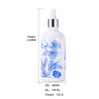Flacon compte-gouttes en verre blanc en porcelaine de forme plate LanJing 100 ml avec compte-gouttes en aluminium bleu et blanc pour diffuseur