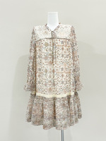 Robe longue pour filles, style vintage, col mandarin, bordure en dentelle, manches princesse, imprimé floral, antistatique, polyester/nylon, printemps-été