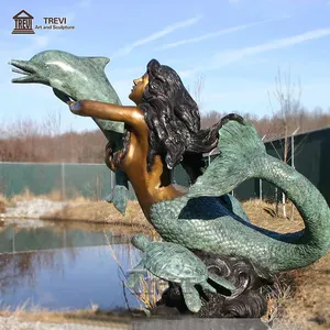 Statue décorative extérieure de sirène en bronze d'animal en métal avec la sculpture de dauphins à vendre
