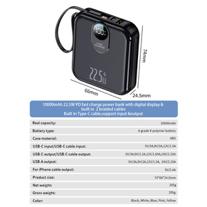 Wholesale PD 22.5W Fast Charging Powerbank with Built-in 2 <b>Cable</b> 10000mAh High Capacity Digital <b>Display</b> Portable Power Bank - Product Image 5