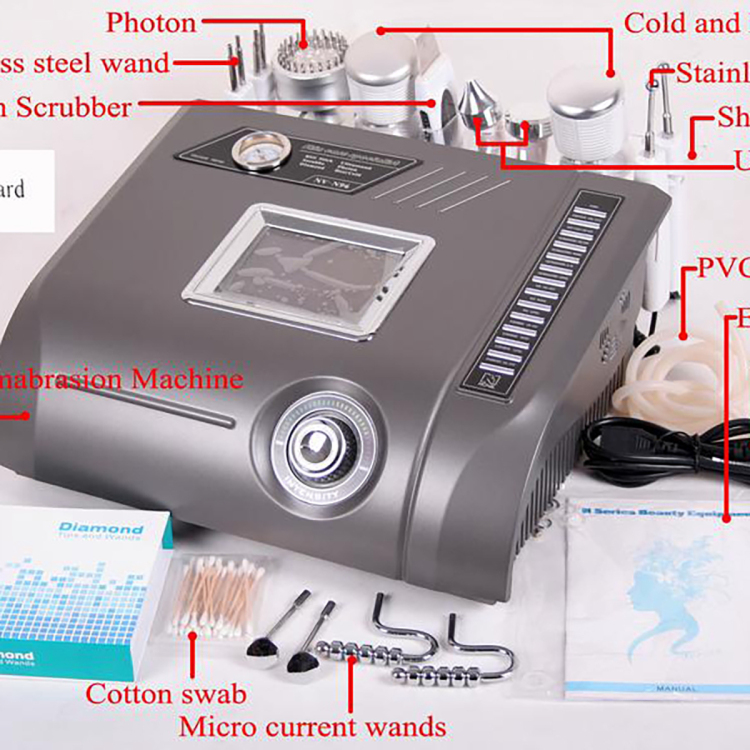 Nuevo equipo de belleza 6 en 1 Máquina de microdermoabrasión con diamante, terapia de luz LED de fotos, exfoliación ultrasónica de la piel, reducción de celulitis