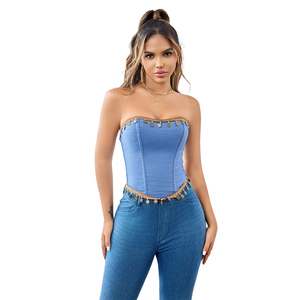 Corset bleu vintage avec décoration de perles rondes couleur cuivre, corsage Renaissance pour femmes, bustier court - Product Image 4