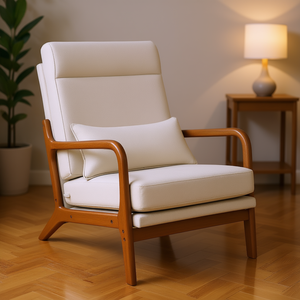Poltrona Moderna in Stile Mid-Century con Rivestimento in Lino e Cuscino, Sedia da Soggiorno con Gambe in Legno e Schienale Solido, Arredamento per la Casa - Product Image 2