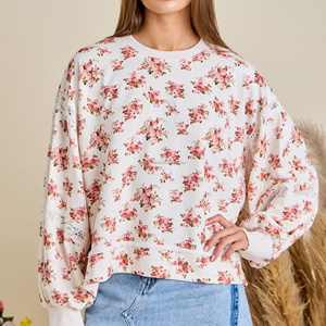 Sweat-shirt pour femme en gros, pull à col rond, imprimé floral vintage, avec insert en dentelle, manches bouffantes - Product Image 1