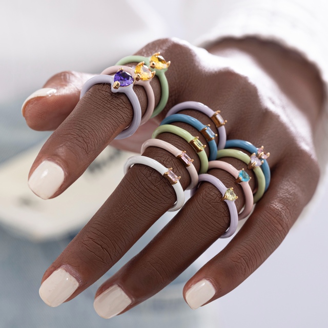 Minimalist Multipurpose Stacking Open Square Teardrop Heart Colorful Zircon Inlaid Brass Enamel Women Fashion Jewelry Rings