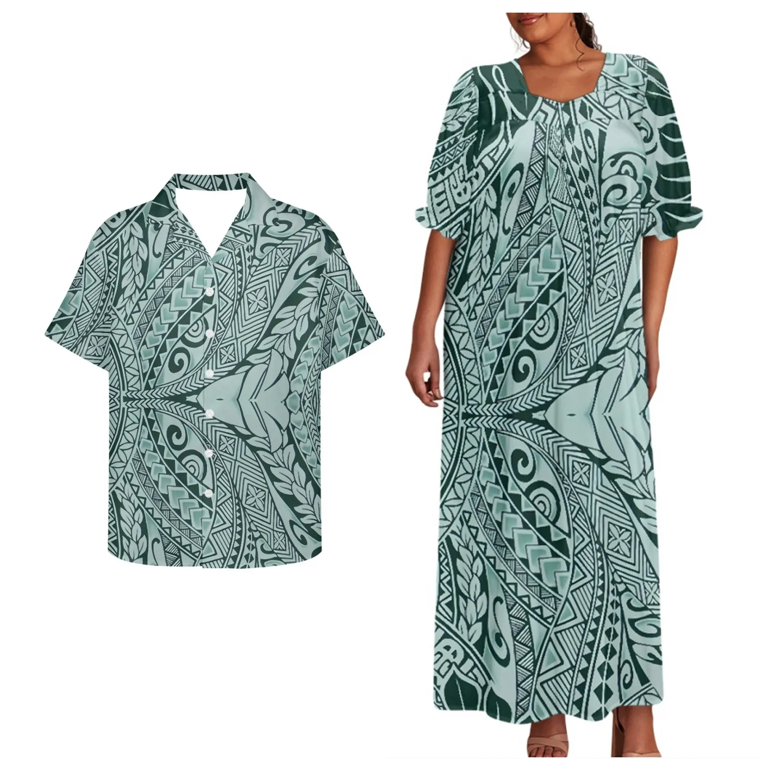 Meilleur prix de gros personnalisé vert hawaïen polynésien Tapa Tribal femmes élégante longue robe correspondant hommes chemises Couple vêtements