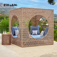Cabaña de Mimbre con Techo de Arco para Varias Personas, Sofá de Exterior Impermeable para Piscina con Cojines