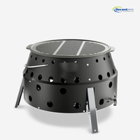 Brasero rond en fer robuste sans fumée avec grille de barbecue et pieds pliables pour camping en extérieur