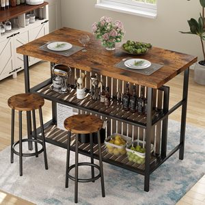 Mesa de Desayuno Industrial de Madera SENYU con 2 Taburetes, Isla de Cocina con Estante de Almacenamiento, Acabado Antiguo, Diseño Multifuncional - Product Image 1