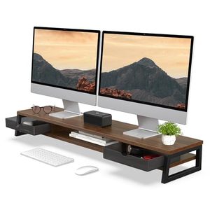 Soporte de Monitor de Madera Ajustable y Extensible con Cajón para 2 Monitores, Estante Elevador de <span class=keywords><strong>Escritorio</strong></span> de 2 Niveles - Product Image 1