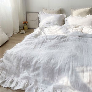 Parure de draps en lin naturel biologique lavé à la pierre, draps à volants en pur lin pour la literie domestique - Product Image 4
