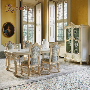 Ensemble de meubles de salle à manger de style villa classique européenne, bois massif, sculpture artisanale, table à manger extensible, 6 chaises, Esstisch luxueux - Product Image 1