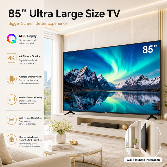 85 Inch Wall Mounted 75 100 4K QLED Android Smart TV Large Screen Television for Meeting Room Hotel and Home Theater Use