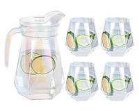 Ensemble de 5 pièces Tamatave : Carafe en verre de 1,3 L avec 3 verres à boisson de 300 ml, pichet à jus hexagonal et verre à boire couleur ambre