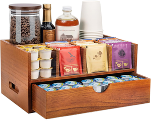 Organisateur de station à <span class=keywords><strong>café</strong></span> en bois, boîte à sachets de thé, support pour dosettes K-Cup, tiroir de rangement, accessoires de bar à <span class=keywords><strong>café</strong></span> rustiques pour comptoir - Product Image 1