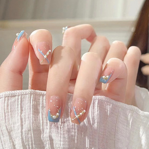 Venta directa de fábrica puro hecho a mano simple ins suave azul claro francés escalera corta <span class=keywords><strong>pequeñas</strong></span> <span class=keywords><strong>uñas</strong></span> postizas de diamantes de imitación - Product Image 1