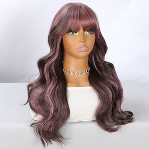 26-inch Brown-highlighted <strong>pink</strong> Wavy <strong>Wig</strong> for Women with Bangs - Heat-resistant Synthetic Hair, Long and Flowing Style Sm412-12 - Product Image 3