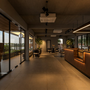 Una cafetería de estilo industrial, con una acogedora barra de madera y una vitrina en la que se exponen apetitosos pasteles. - Product Image 6