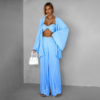Ensemble plissé 3 pièces pour femme : haut bandeau à bretelles perlées, kimono à manches larges et pantalon large – 5 couleurs, tailles S-XXL