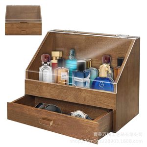 Wooden Storage <b>Box</b> With Drawer Dust Cover For Watches Glasses <b>Makeup</b> Organizer Brown Solid Wood Dressing Table Organizer - Product Image 5