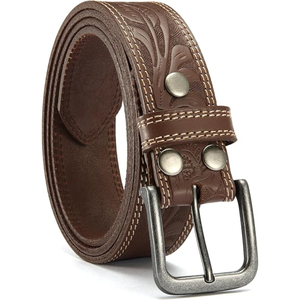 Genuine Leather <b>Belt</b> Cowhide Floral Embroidery Vintage Style <b>Silver</b> Pin <b>Buckle</b> Casual Men's <b>Belt</b> Durable Design - Product Image 1