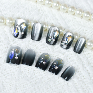 Presione las <span class=keywords><strong>uñas</strong></span> con piedras Gel Cat Eyes Design Squoval Short Black Gradient Color 15 tamaños-30 piezas Cubierta completa - Product Image 3